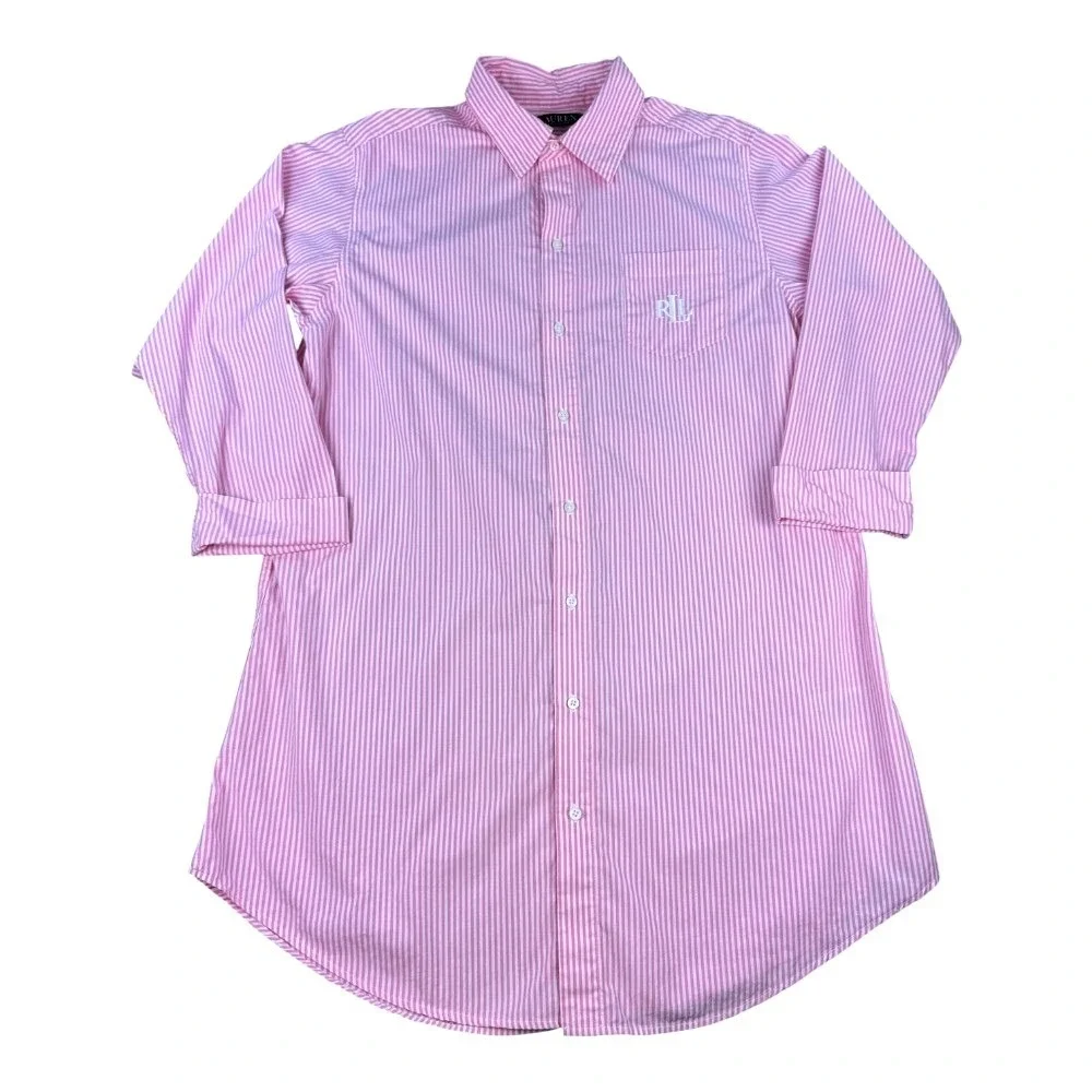 Lauren Ralph Lauren Pink White Stripe Sleep Shirt Button Front Cotton M Preppy